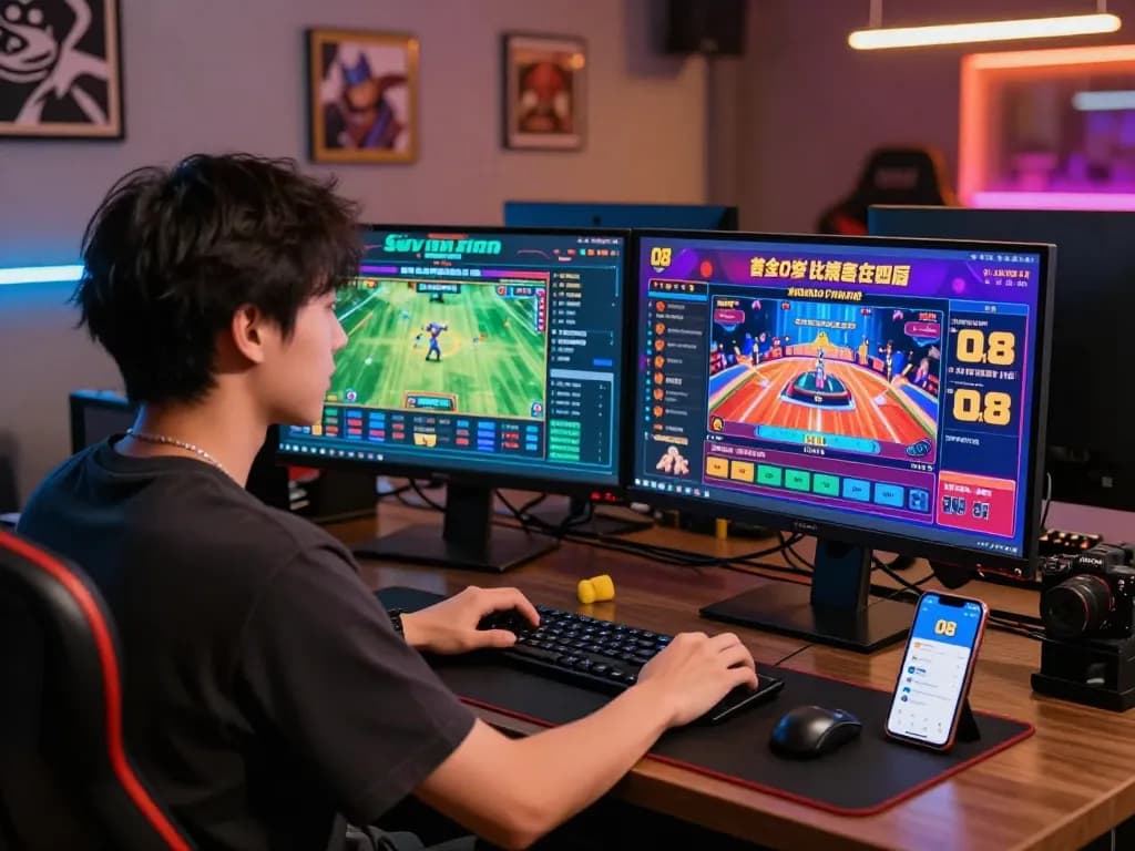 Engaged player enjoying live betting on O8 platform with vibrant game displays and special offers.