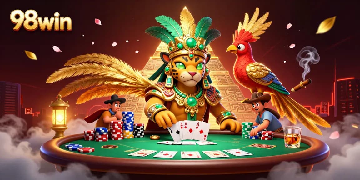Bet on 98win with thrilling poker scene featuring a jaguar priest and vibrant game elements.