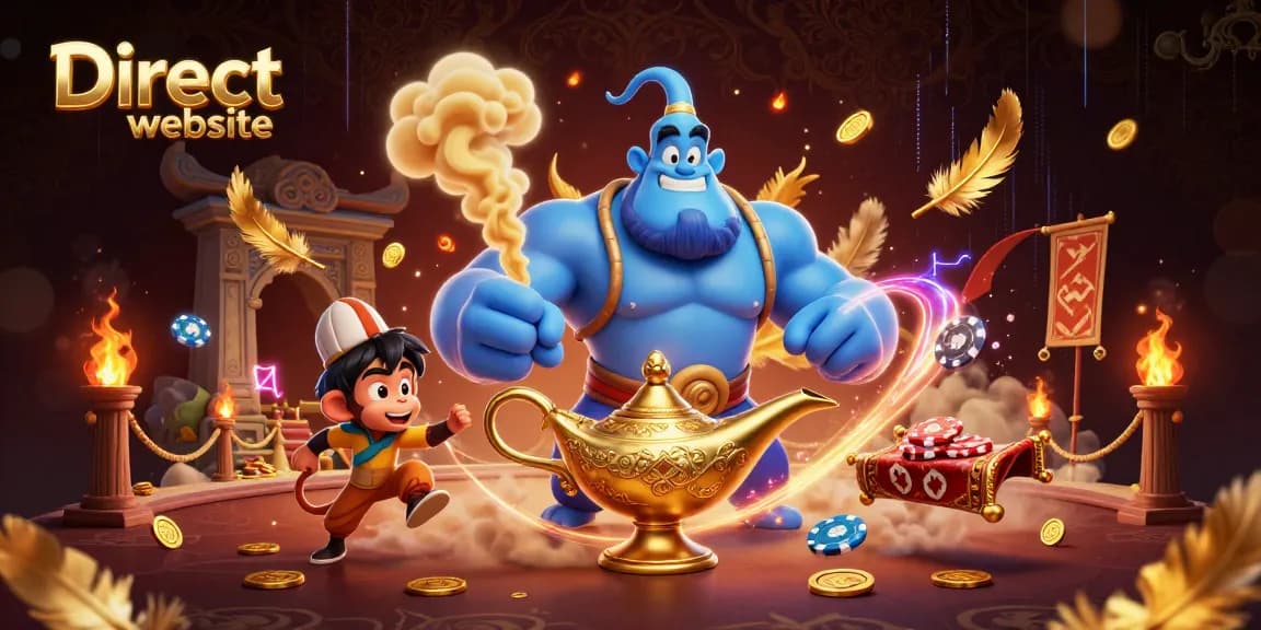 Engage with the thrilling action at a Direct website casino featuring a vibrant 3D scene with a genie, monkey, and magic carpet.