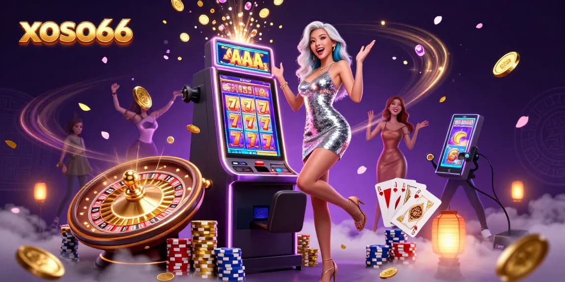 Experience the excitement of xoso66 casino with a winner poised beside a jackpot slot machine.