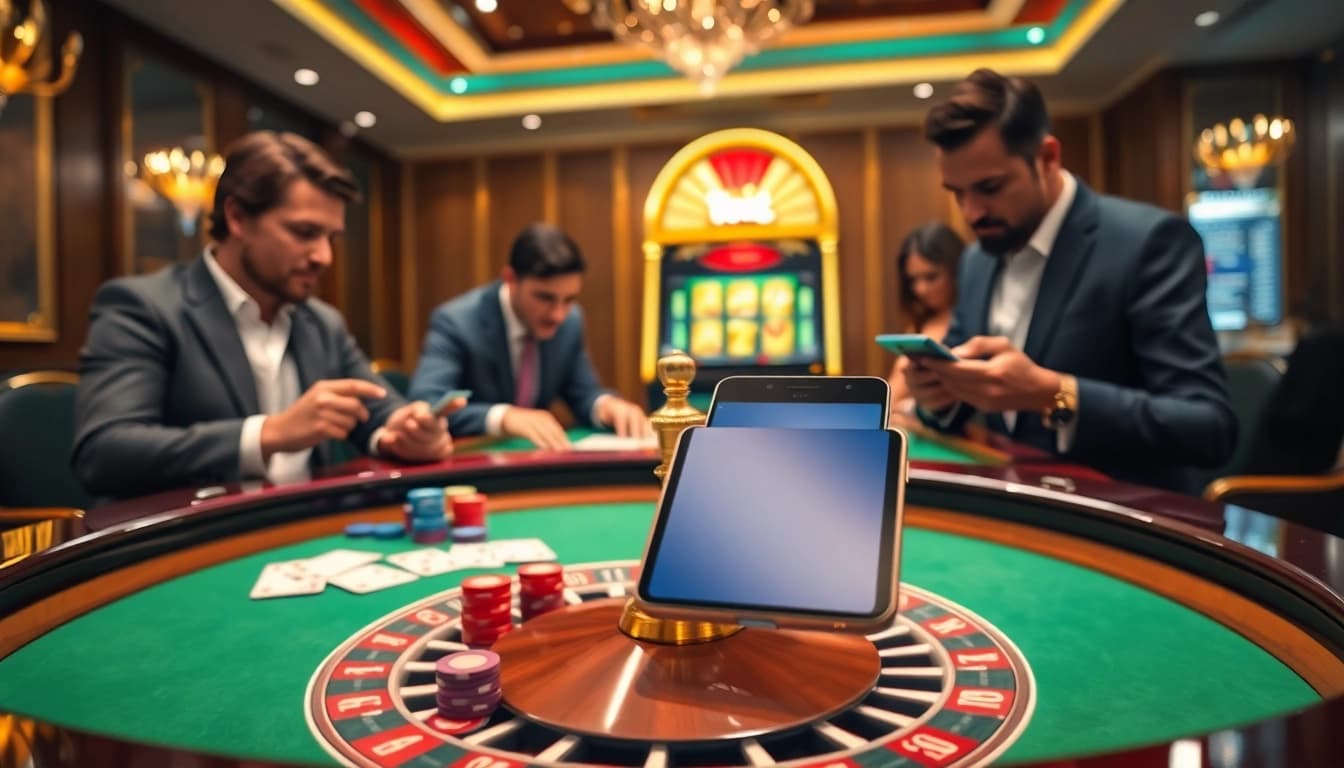 Engaged players at a casino table featuring S8 smartphone betting, capturing excitement and strategy.