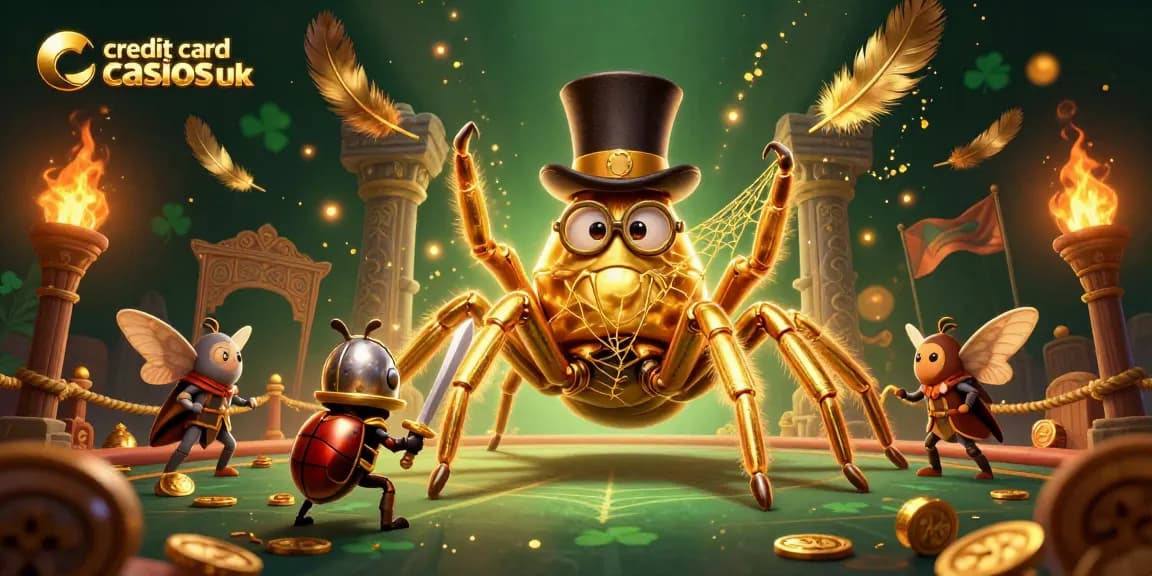 Dynamic scene of credit card casinos uk with a golden tarantula and beetle knight at a casino