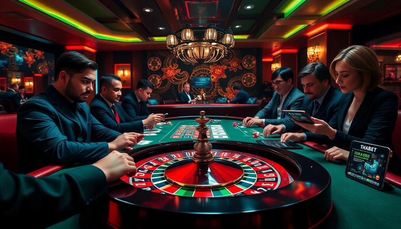 Players engaging in thrilling gameplay at THABET casino table with chips and cards.