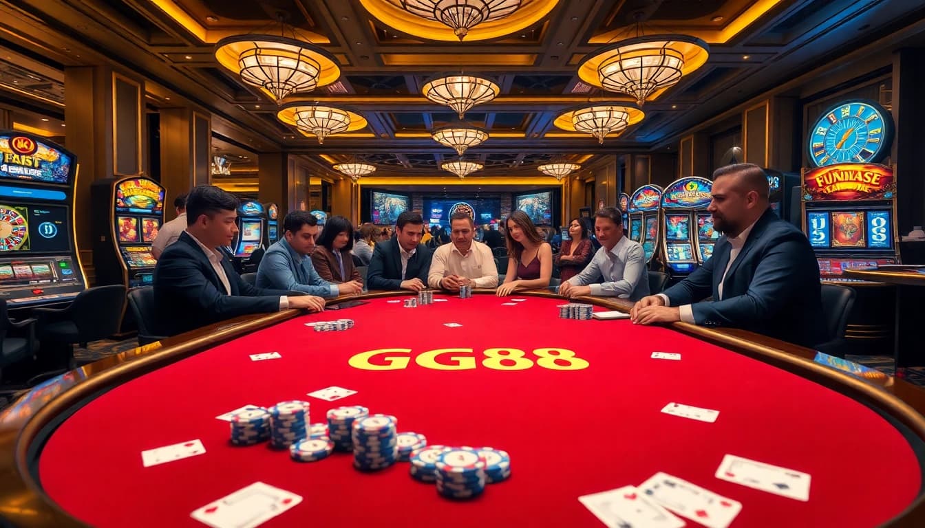 Experience the thrill of GG88 with players at a luxurious poker table in a vibrant casino setting.