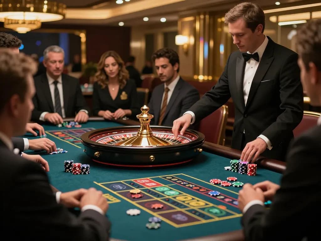 Bong88 players engaging in an exciting roulette game with vibrant chips and a spinning wheel, showcasing thrilling casino action.