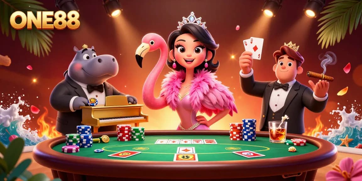Engage in thrilling gaming at ONE88 with vibrant 3D casino-themed illustration showcasing a lounge singer and musicians.