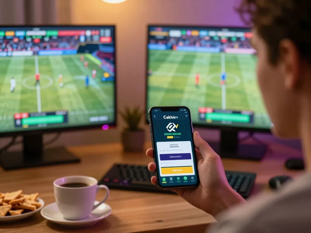 CakhiaTV user engaging with a sports betting app in a cozy home setting.