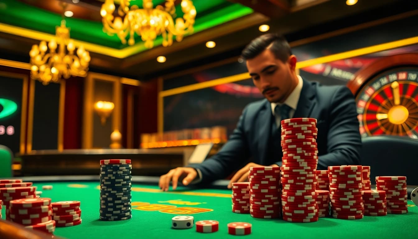 Experience thrilling poker action at the J88 casino with luxurious chips and a vibrant atmosphere.