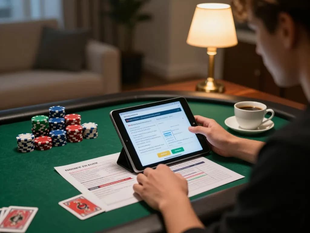 Player using the llwin app on a tablet, analyzing poker strategies during a home gaming session.