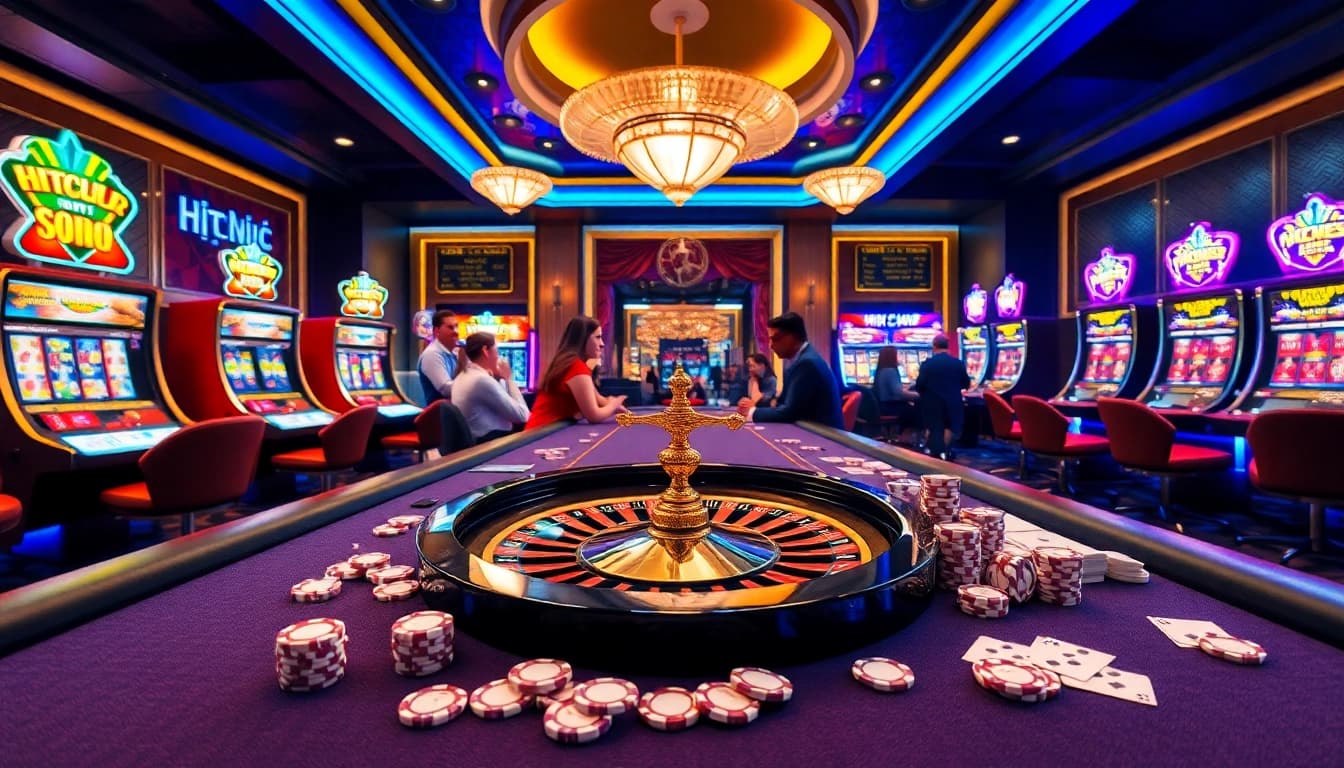 Hitclub nổ hũ gaming table with excited players and vibrant slot machines lighting up the casino.