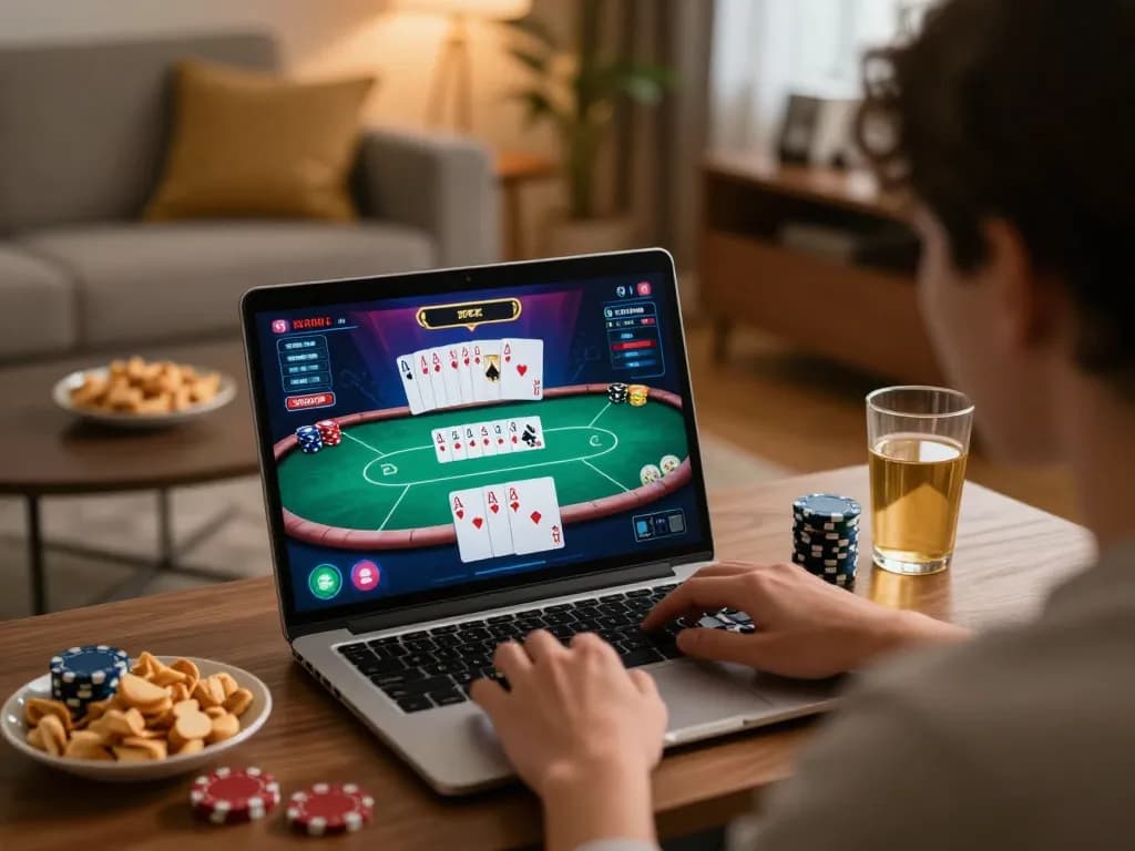 A person engages in online gambling at a laptop, showcasing nhà cái uy tín during a live poker game.