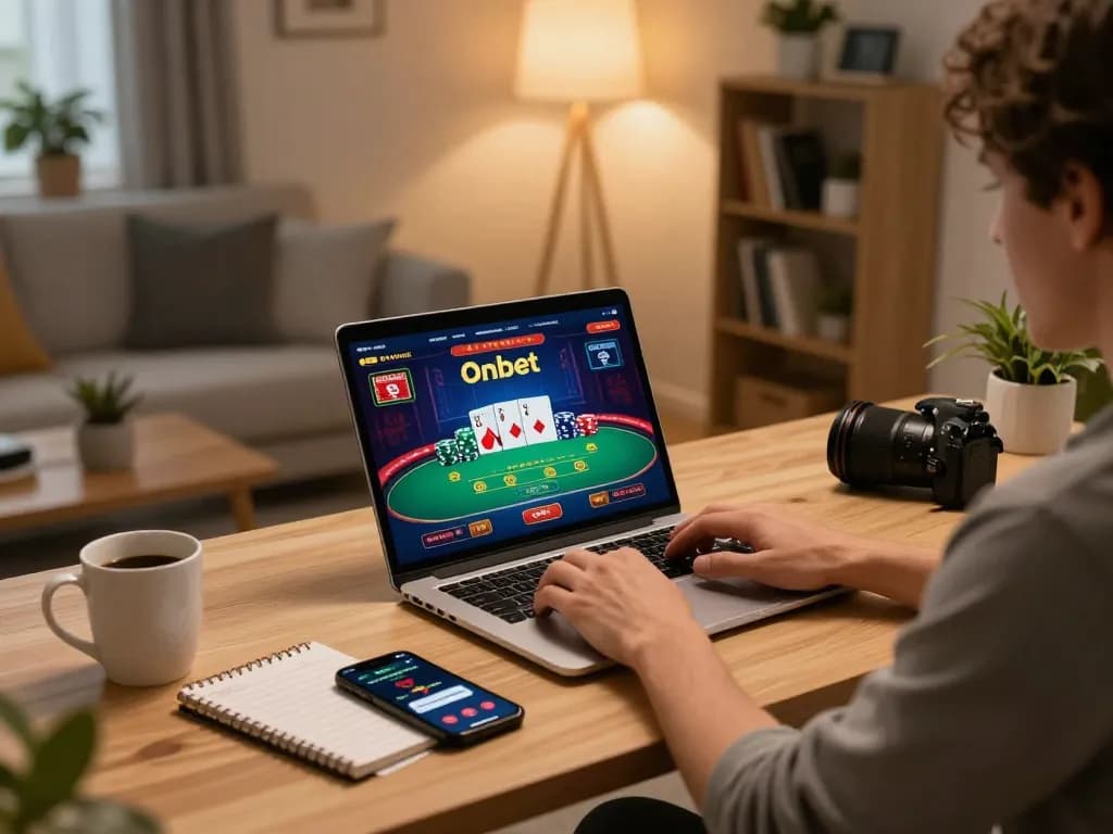Onbet user engaging in online poker at home, showcasing gameplay on laptop screen with chips and cards visible.