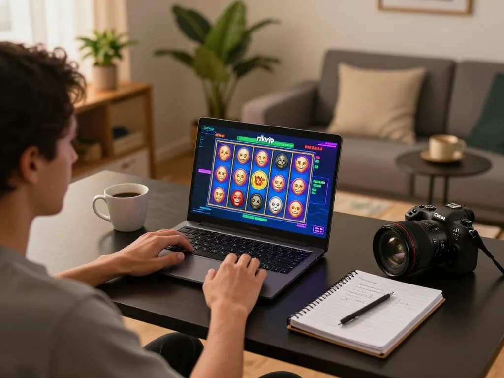 Engaging gameplay on rikvip as a player spins colorful slot reels on a laptop at home, showcasing strategic thinking in gambling.