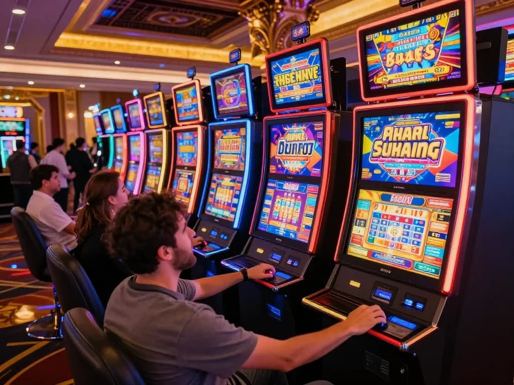 Players spinning the reels on C168 slot machines in a vibrant casino, celebrating wins with excitement.