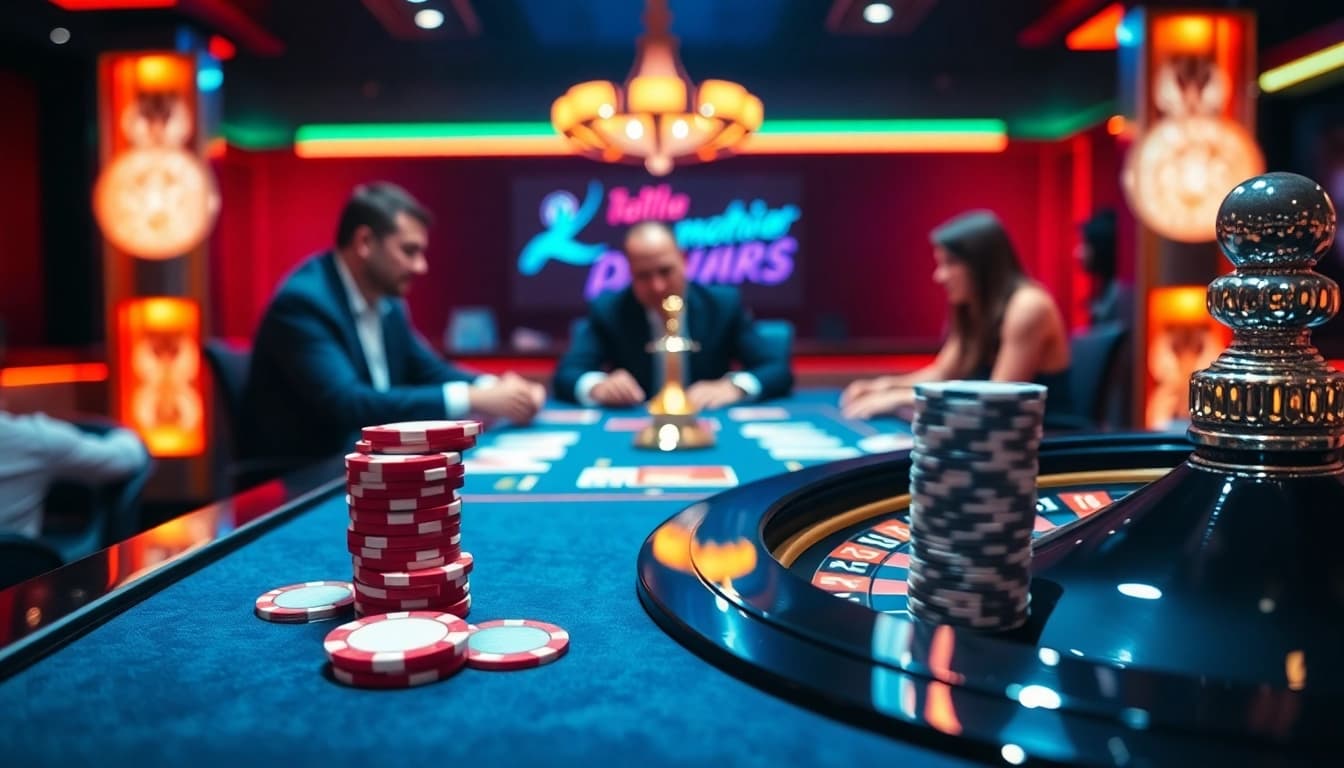 Kèo nhà cái 5 showcased in an upscale casino environment with poker chips and cards.