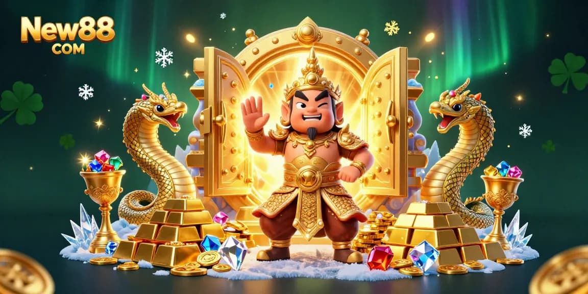 Experience thrilling wins at New88 COM with vibrant casino guardians and treasure illustrations.