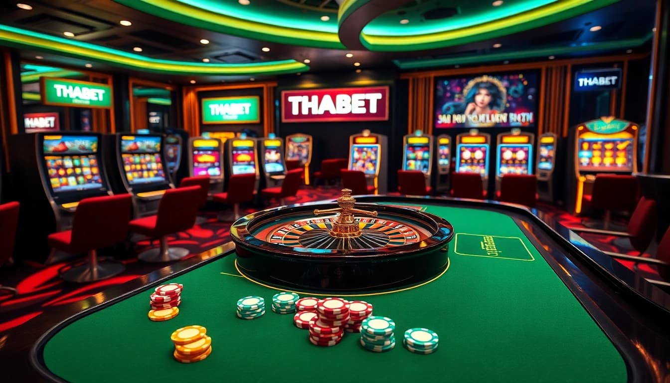 Players enjoying roulette at THABET casino, surrounded by vibrant poker chips and luxury decor.
