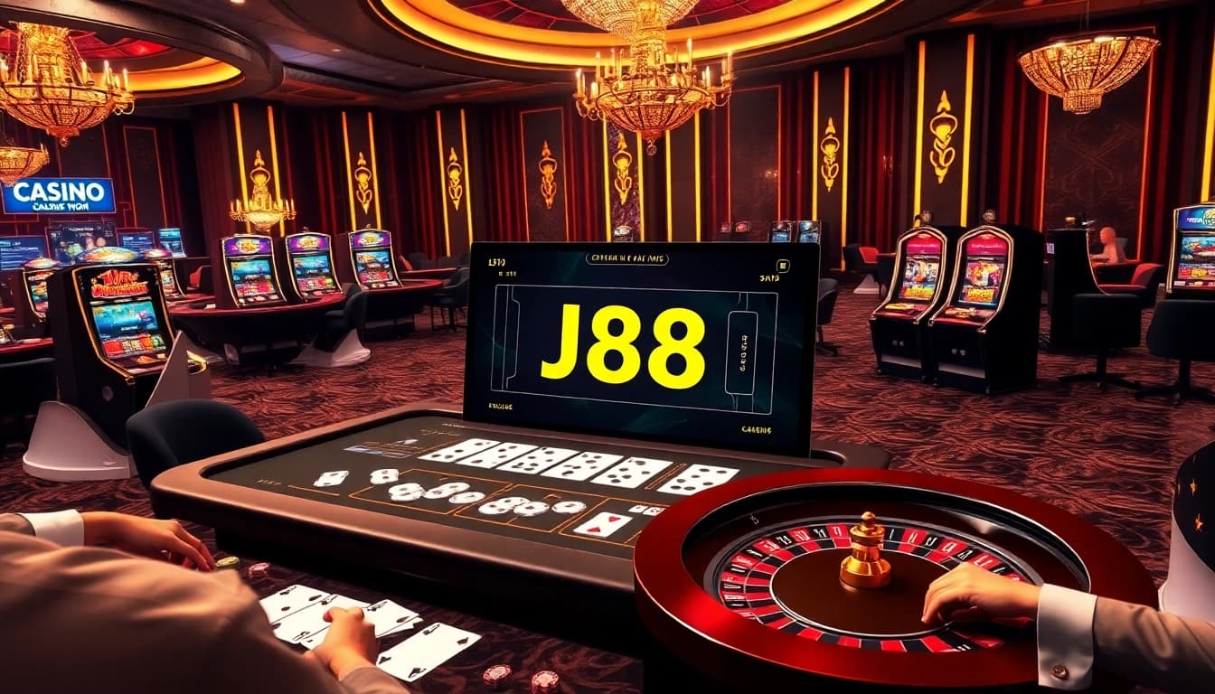 Experience the thrill of gaming with J88 on a vibrant casino table featuring dynamic slot machines.