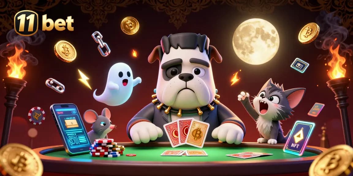 Engage with 11 bet's thrilling casino atmosphere featuring fun characters and vibrant crypto elements.