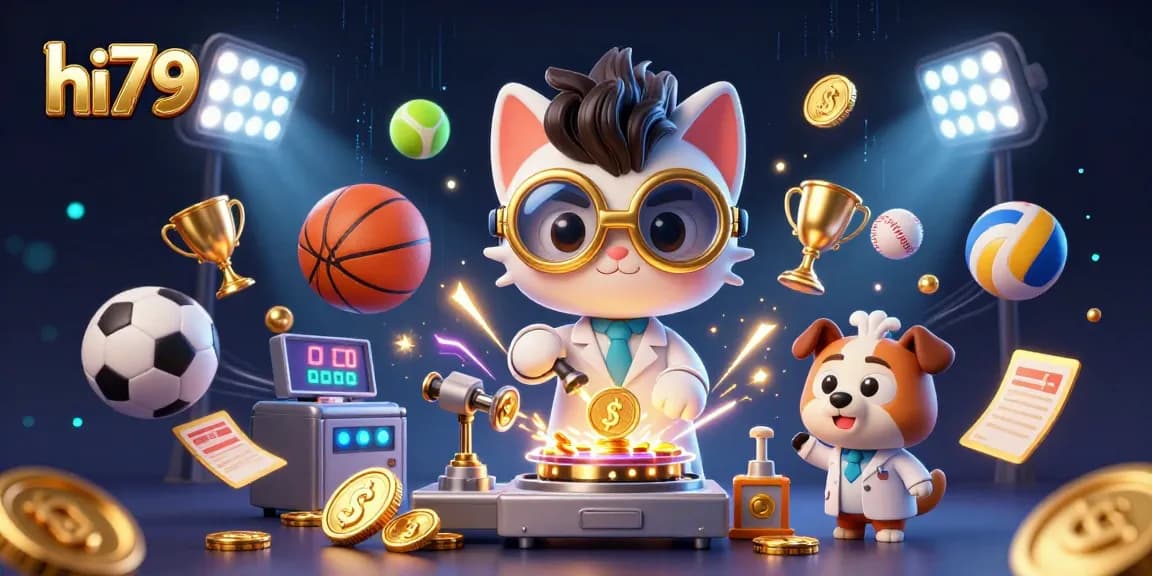 hi79 showcases a vivid cartoon scene with a mad scientist cat creating gold coins amidst flying sports elements and neon effects.