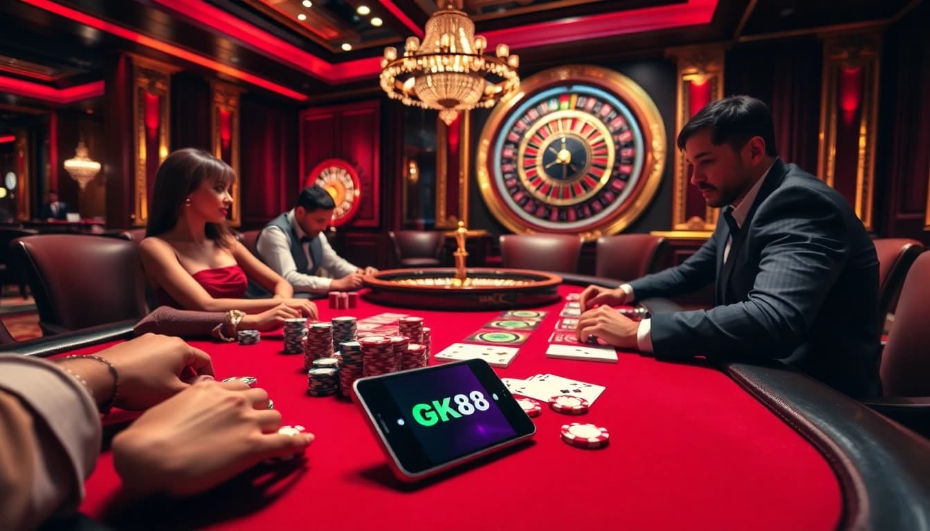 Players experiencing high-stakes excitement at a GK88 poker table in a luxurious casino ambiance.