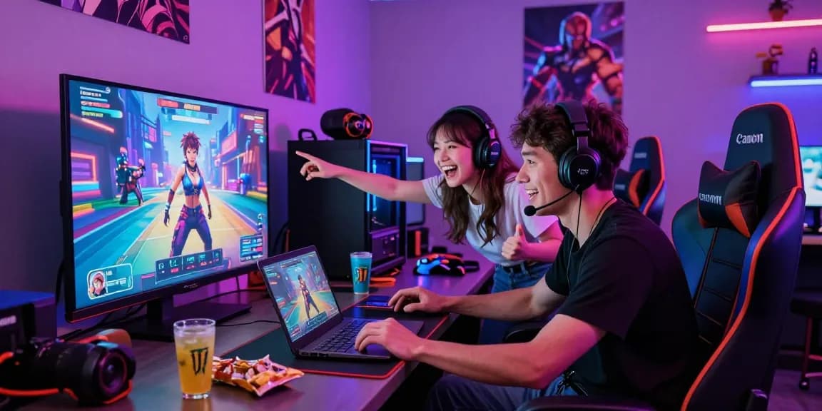 Enjoying AI hentai games in a vibrant gaming lounge with friends.