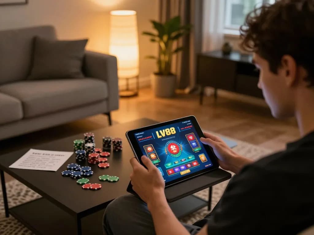 Player enjoying the LV88 casino app on tablet at a cozy gaming nook, highlighting online gambling excitement.