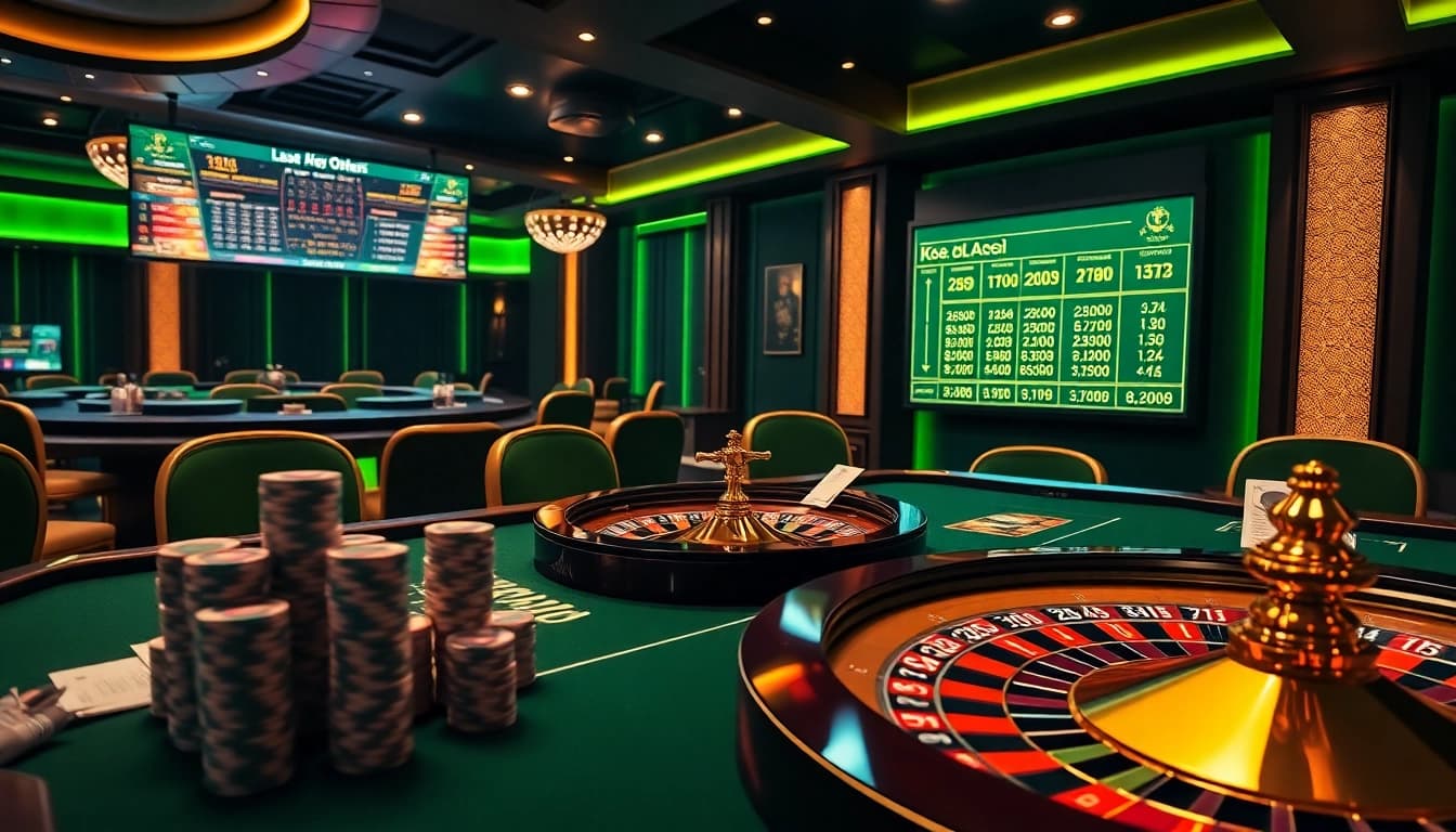 Experience high-stakes excitement at a keonhacai gambling table with poker chips and a roulette wheel.