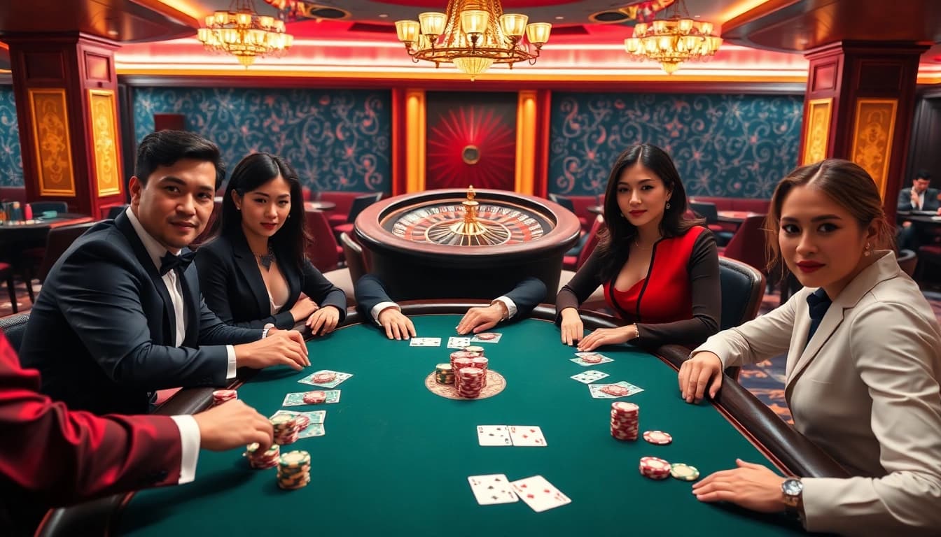 Experience the thrill of gambling at https://www.vvjl11.com/ with an upscale poker table scene featuring vibrant colors and eager players.