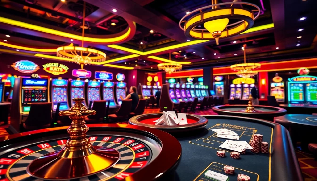 Experience online gambling excitement at https://77ball.org/ with vibrant casino visuals showcasing various games.