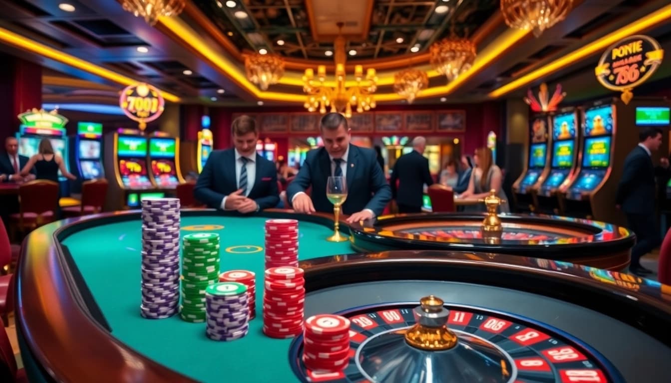 Experience the thrill of 789p at an elegant casino with poker, roulette, and vibrant slot machines.