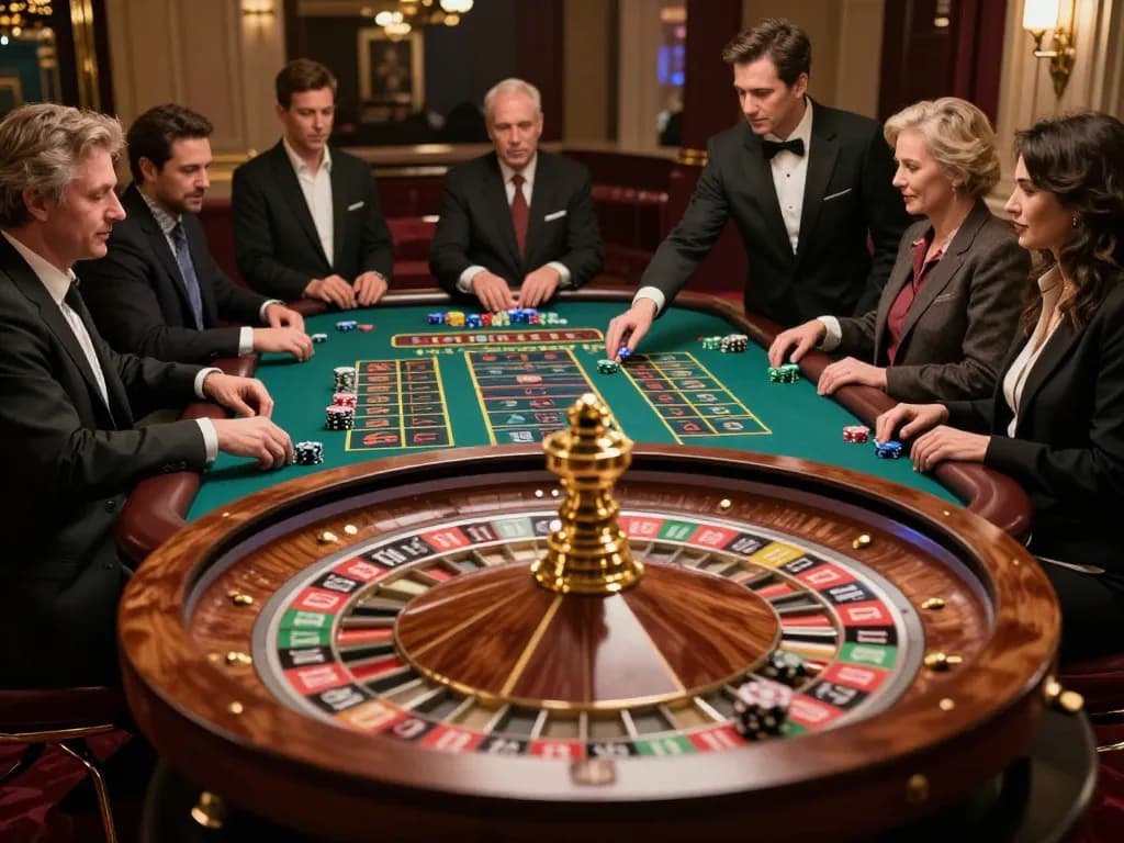 Sunwin roulette game in upscale casino with players placing bets and croupier managing the table