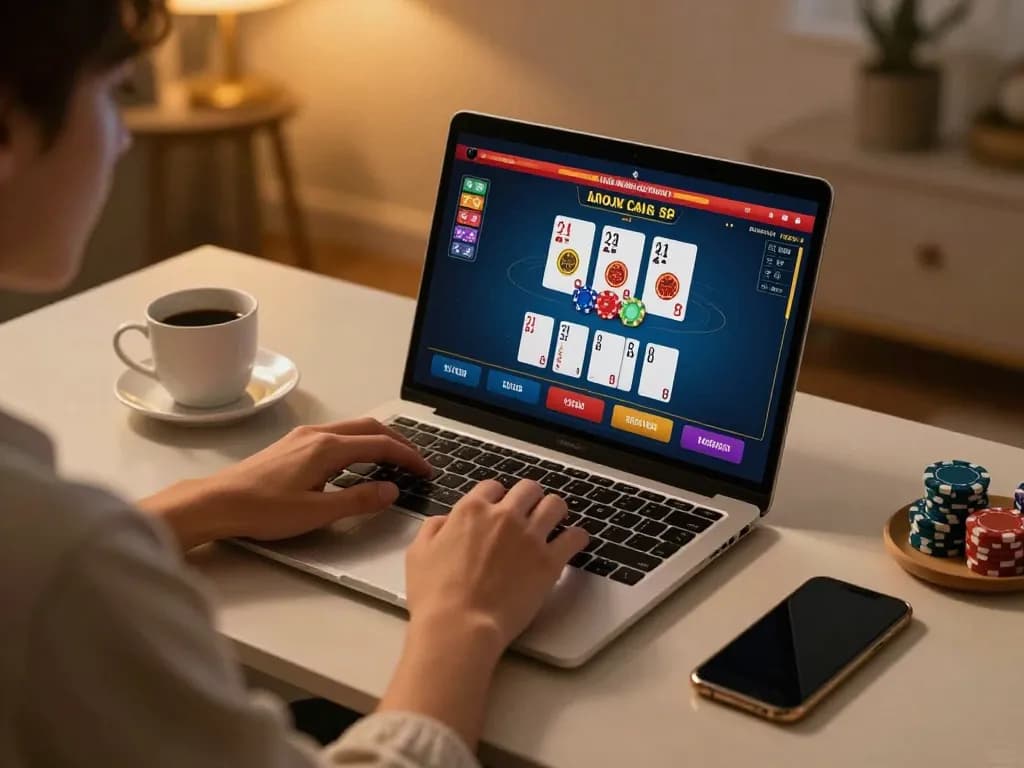 Engaged player using 888top for online casino betting at stylish home desk