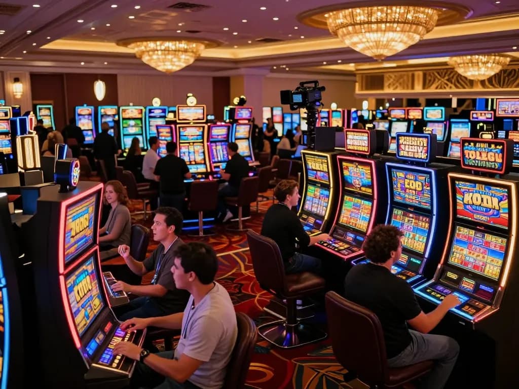 Exciting casino atmosphere at mb66 with players engaging dynamically with vibrant slot machines.