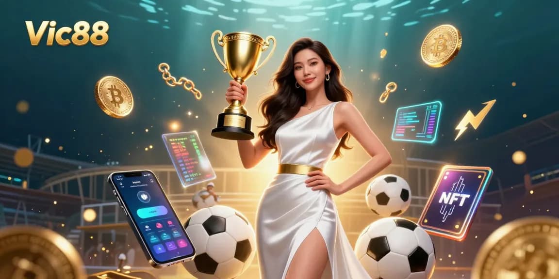 Vic88 celebrates victory with a stunning trophy while showcasing crypto elements in a vibrant casino scene.