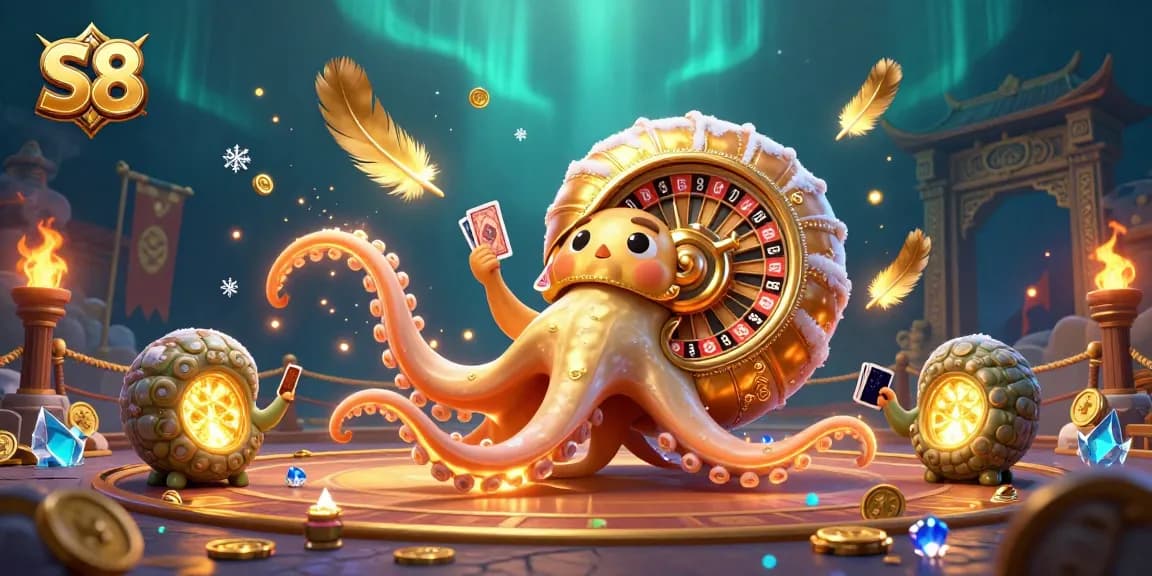 Experience thrilling gameplay with S8 featuring a giant nautilus, roulette wheel, and glowing ammonite fossils.