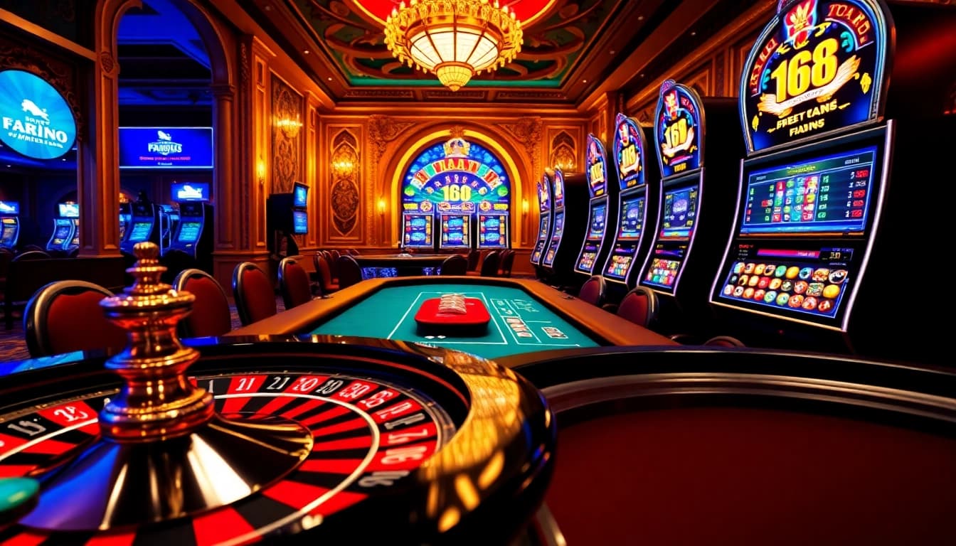 Experience excitement at https://f168.win/ with a vibrant casino scene showcasing roulette and poker.