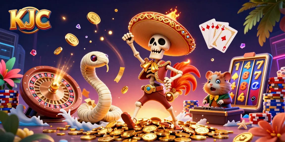 KJC players spin slots and revel in winnings amid a vibrant, immersive digital casino scene.