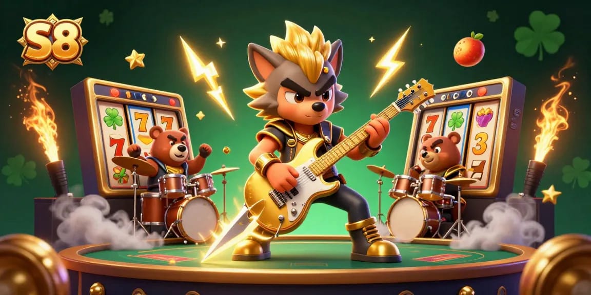 S8 engages users with thrilling slot gameplay surrounded by animated characters and golden elements.