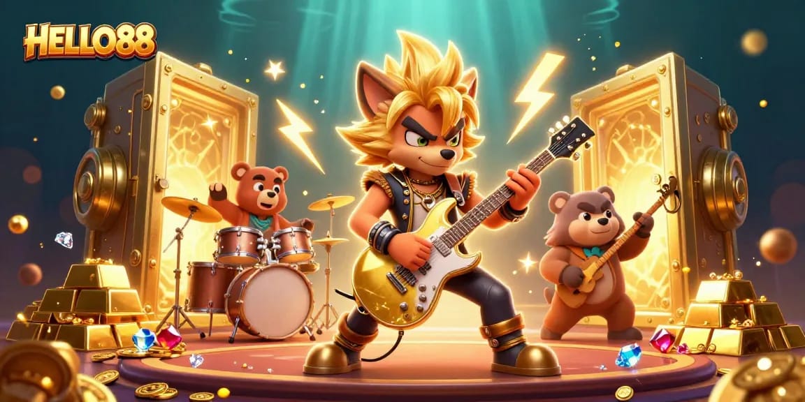 Experience HELLO88's thrilling casino atmosphere with vibrant characters and sparkling treasures.