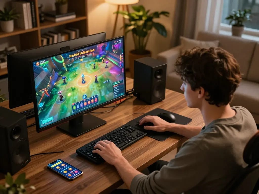 Player engaged in game bài đổi thưởng on a modern computer setup, showcasing immersive online gambling experience