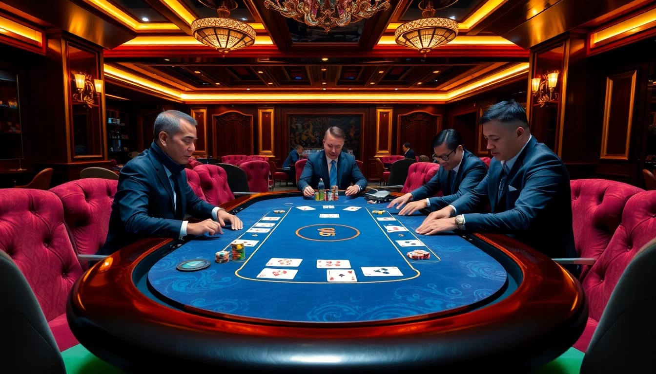 Players at the zo88 poker table strategizing their next move amidst a luxurious casino setting.
