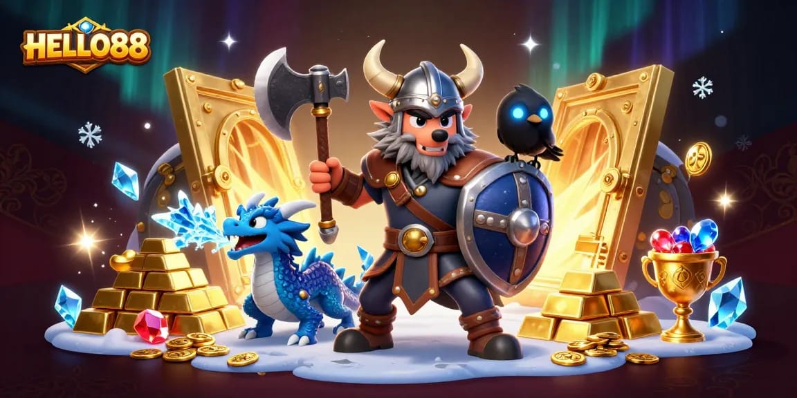 Experience enchanting gameplay at HELLO88 with dynamic Viking and dragon theme in a festive casino setting.