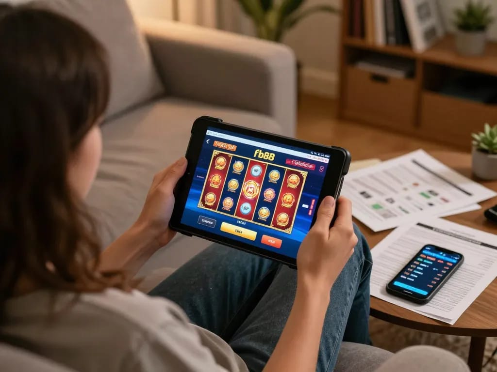 Engaging in online gambling with fb88 interface displayed on tablet in cozy home setting.