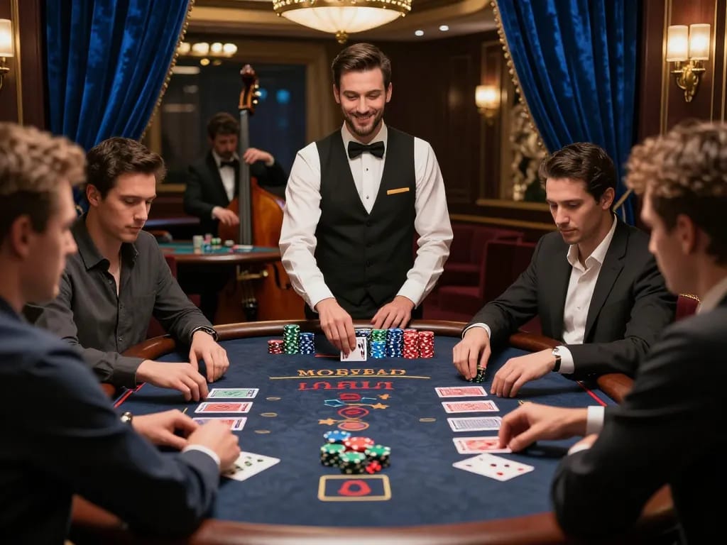 Engaged players strategizing at a blackjack table in 23WIN casino, vibrant atmosphere.