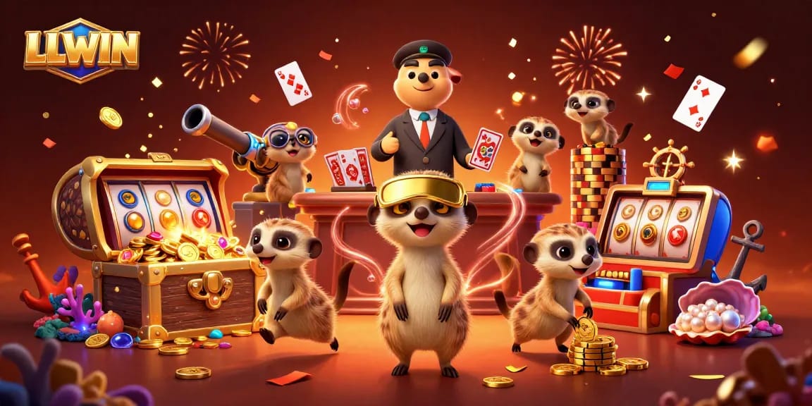 Experience the excitement of LLWIN with meerkats running a vibrant online casino scene filled with colorful slots.