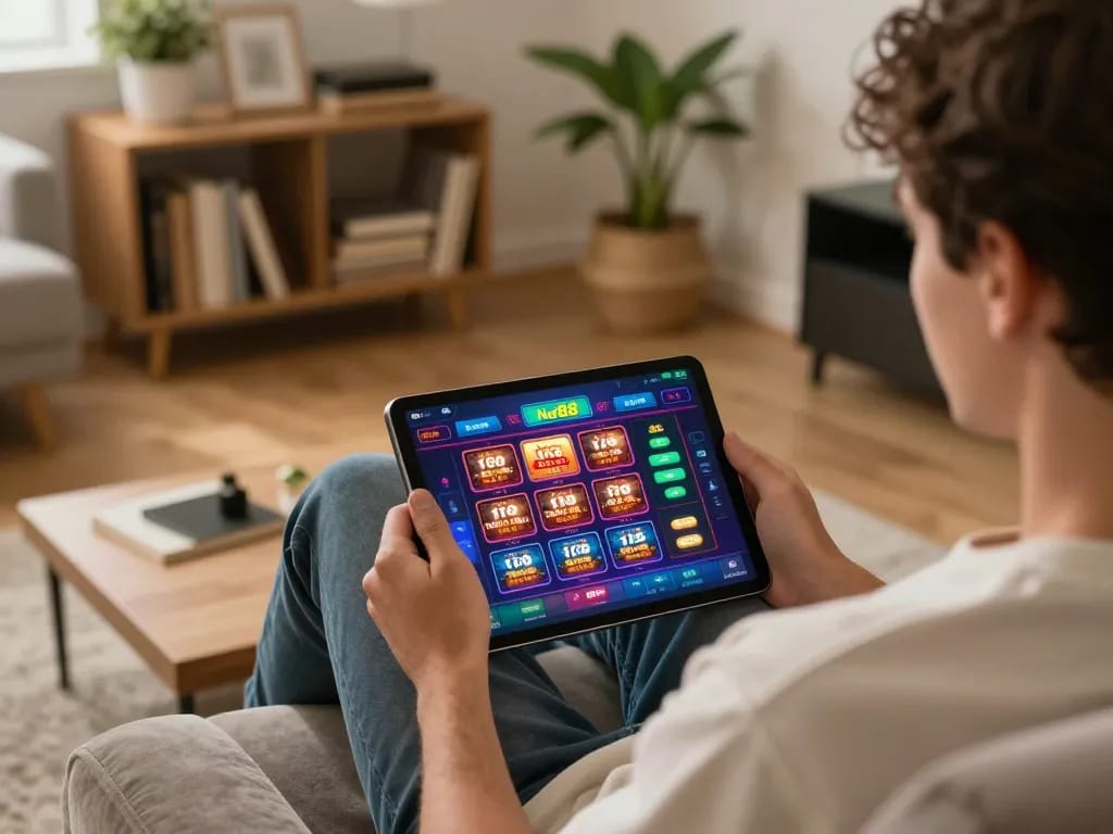 Person using Net88 app for online gambling on tablet in cozy home setting