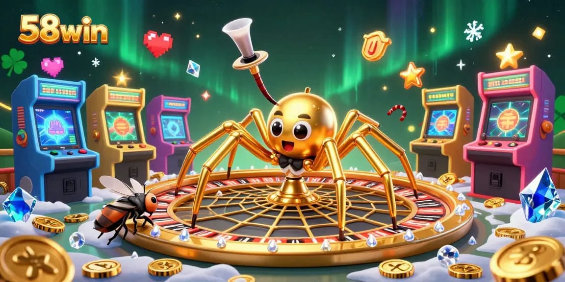 Bets placed at the roulette web by a fly and golden spider, exploring opportunities at 58win casino.