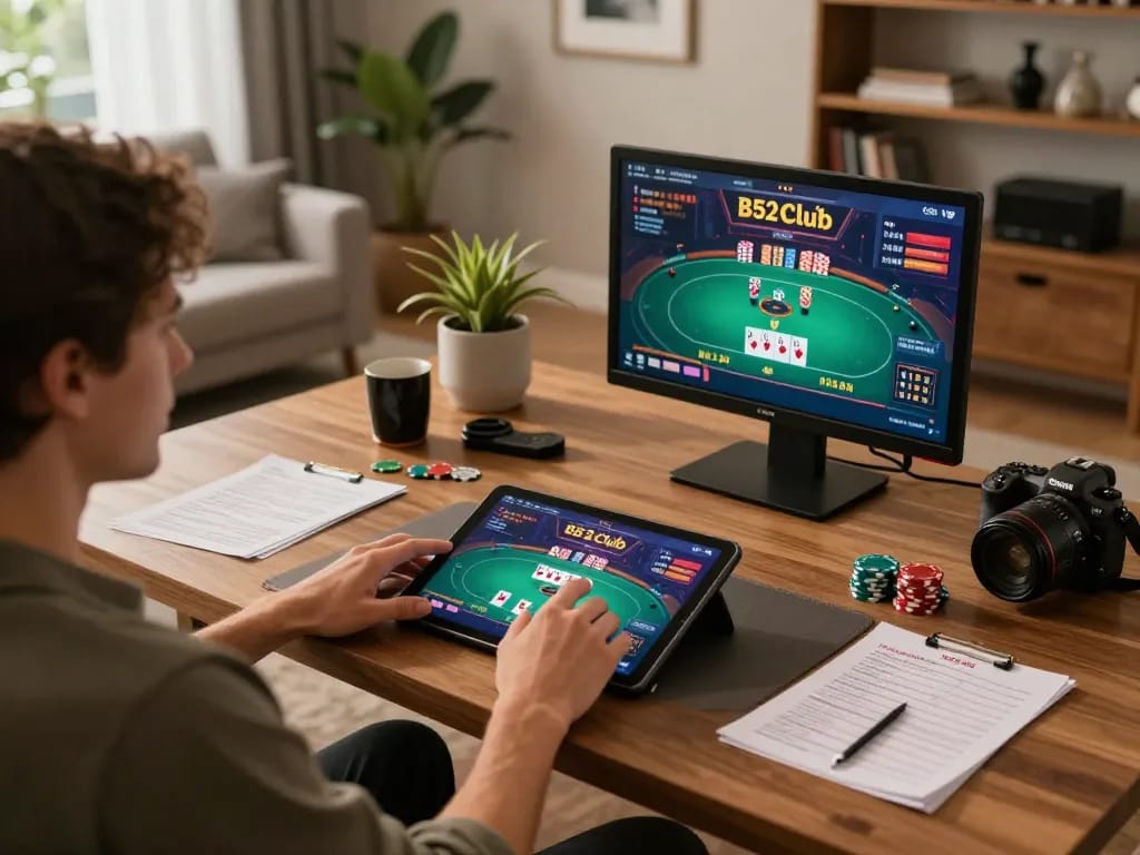 B52club player engaged in strategic online poker betting session at home with tablet and chips.
