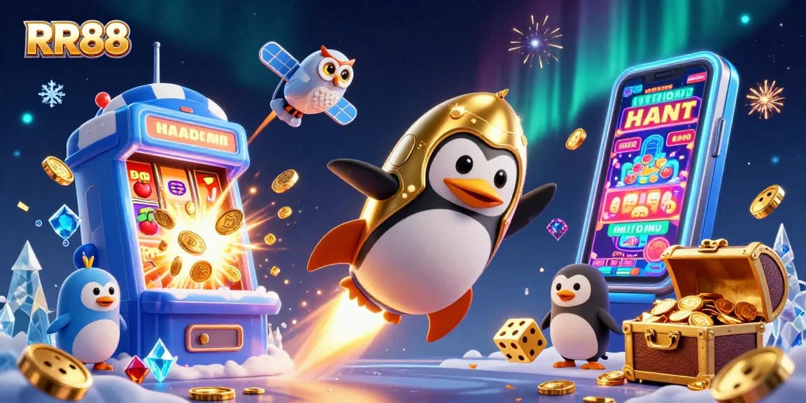 Engage with RR88’s vibrant casino adventures through a golden penguin in space, showcasing exhilarating jackpots.